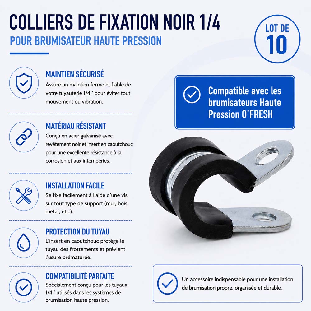 o-fresh-lot-de-10-colliers-de-fixation-1-4-pour-brumisateur-haute-pression Colliers de fixation x10 noir 1/4 x1 – Image 1