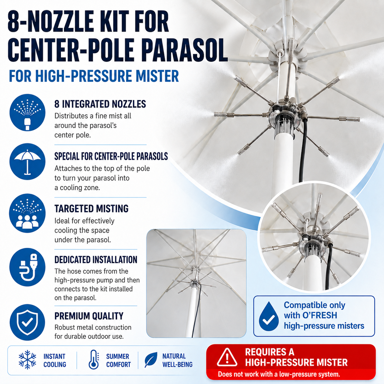 o-fresh-kit-8-buses-haute-pression-parasol-pied-central Kit of 8 nozzles for sunshades with central stand - Image 1