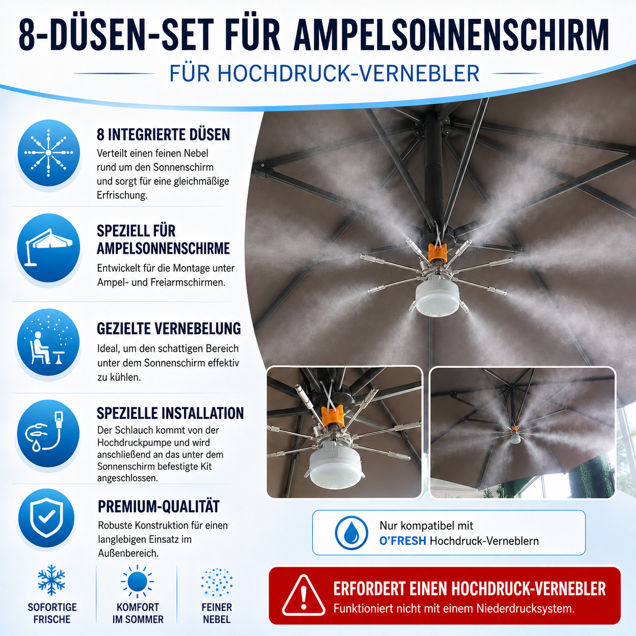 o-fresh-kit-8-buses-haute-pression-parasol-pied-deporte Set mit 8 Düsen und Lampe für entfernte Sonnenschirme – Bild 1