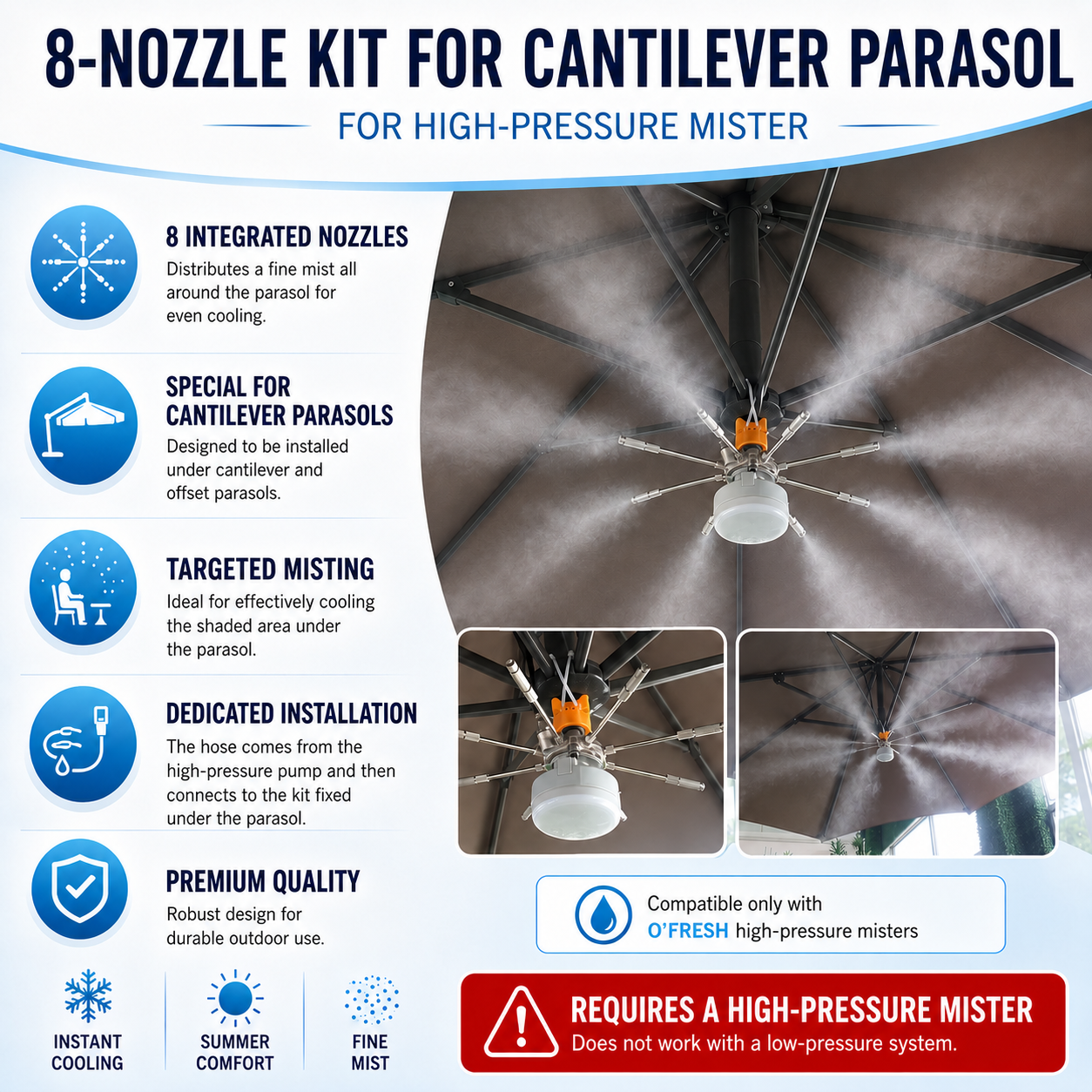 o-fresh-kit-8-buses-haute-pression-parasol-pied-deporte Kit of 8 nozzles with lamp for remote sunshades - Image 1
